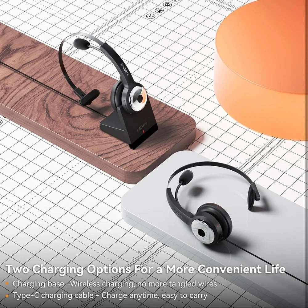 NEW Wireless Headset with Charging Base&Mic AI Noise Cancellation, 45H TalkTimes